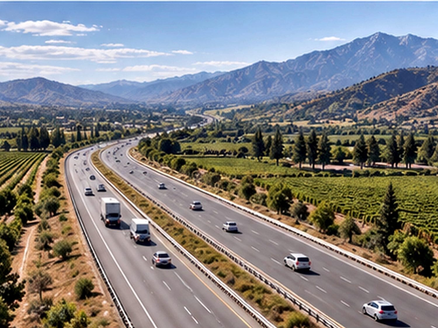 Autopista entre viñedos y montañas