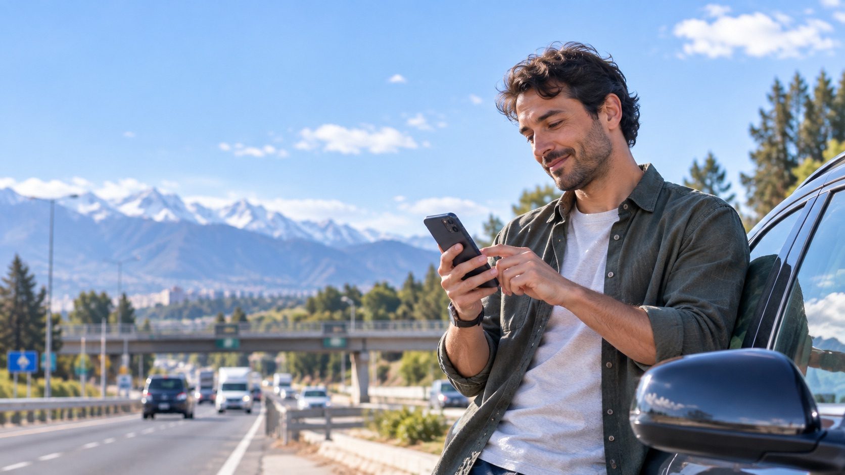 Usuario consultando su teléfono durante una pausa en carretera